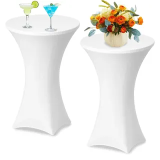 Stretch Stehtisch Hussen, 2 Stück Stehtischhussen Stuhlhussen Weiß Hussen für Stehtische, Stretch Husse für Bistrotische Elegante Verstärkung im Fußbereich, Bar Hochzeit Cocktail Party (80×110 CM)
