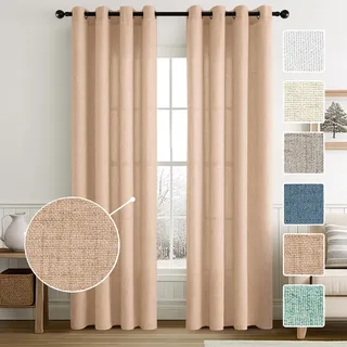 MIULEE Wohnzimmer Vorhänge Gardinen Leinen Ösenvorhang Leinenoptik Vorhang Boho Gardine mit Ösen Semi-transparent Leinenvorhang Curtains 2er Set HxB 215x140 cm, Beige-Rosa