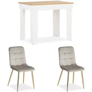 Homestyle4u Essgruppe mit 2 Stühlen Gold Eiche Weiß, Esstisch 90x60 Esszimmergruppe - Weiß