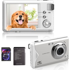 Digitalkamera, 4K HD 1080P 48MP Fotokamera Kompaktkamera, Mini Digitalkamera mit 32GB SD-Karte FHD Fotokamera, Wiederaufladbare Digital Kamera mit LCD-Bildschirm 16X Digitalzoom für Anfänger (Weiß)