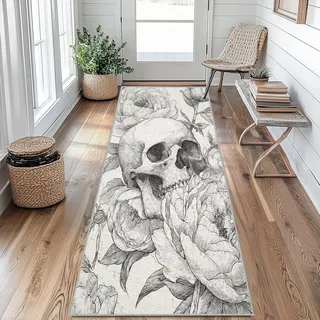 Generisch Totenkopf Teppich Läufer Flur Lang, Blumenmuster Teppichläufer Flur rutschfest Küchenläufer 80 x 250 cm Waschbarer Flurläufer für Küche, Eingang, Wohnzimmer Schlafzimmer Ji&Y397