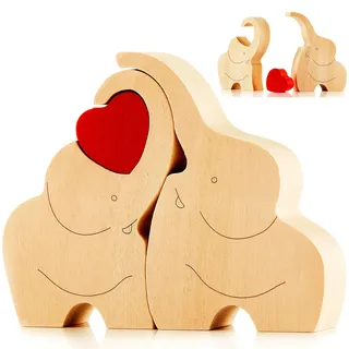 NOVECRAFTO Liebende hölzerne Liebe Elefantenpaar Figur mit rotem Herz - Holz-Elefanten Ornament Dekoration Geschenk