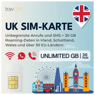 travSIM UK SIM Karte | Unbegrenzte Daten, Anrufe und SMS innerhalb Großbritanniens | 30 GB Roaming in über 30 EU-Ländern, darunter Irland, Schottland und Wales | SIM Karte UK ist 30 Tage lang gültig