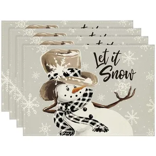 Artoid Mode Schneemann Schneeflocke Lass Es Schneien Weihnachten Platzsets 4er Set, 30x45cm Urlaub Tischsets Waschbar Platzdeckchen Küche Party Deko