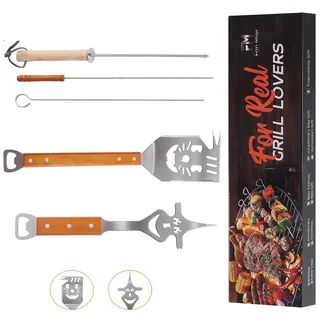 Grill Geschenk für Männer – 5-teiliges Edelstahl Grillbesteck Set mit Katzenmotiv Spatel, Grillgabel & 3 Spießen – Vatertag, Geburtstag Geschenk für Grillfans