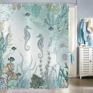 Hnmdmyi Duschvorhang Seepferdchen 180x180, Nautische Küste Tropische Fische Koralle Türkis Ozean Thematisch Unterwasser Meeresleben Badewanne Vorhang Wasserdicht Polyester Stoff Waschbar Badevorhang