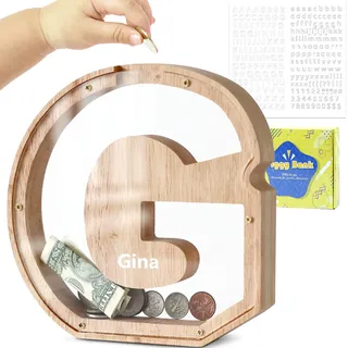 DBPBToU Spardose Kinder, Sparschwein Kinder, Buchstaben Spardose Holz, Spardose Personalisiert für Geburtstag Geschenk/Heimdekoration/Keepsake (G)