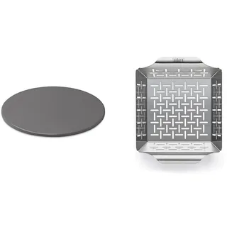 Weber glasierter Pizzastein, rund, 36 cm 18412 Schwarz & 6481 Deluxe Gem sekorb 19x24 cm, Grillkorb, f r Fisch, Fleisch und Gem se, aus Edelstahl