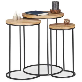 Relaxdays Beistelltisch 3er Set, runde Ablage, Satztische in 3 Größen, ineinander stellbar, Metall und Mangoholz, natur, H x D: ca. 56 x 41 cm