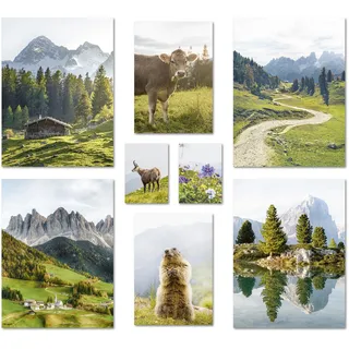 ARTFAVES® Poster Set - In den Bergen - mehrteilige Wanddeko Wohnzimmer & Schlafzimmer - 8 moderne Wandbilder Frühlingsdeko, Frühling Deko, Wandern, Alpen - ohne Bilderrahmen