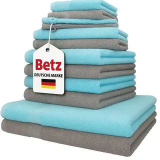 Betz 12-TLG. Handtuch-Set Palermo 100% Baumwolle 2 Liegetücher 4 Handtücher 2 Gästetücher 2 Seiftücher 2 Waschhandschuhe Farbe Stone und türkis