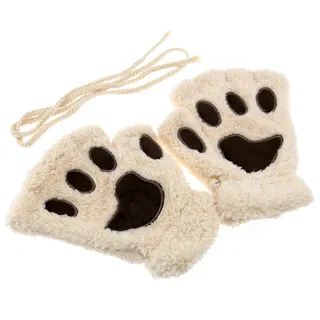 1 Paar Beige Winter Warme Katzen Klaue Pfote Weiche Plüsch Halbfinger Fingerlose Handschuhe