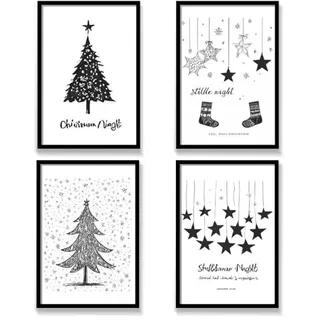 Viusneun 4er Designed Poster Set, Bilder als Weihnachtsdekoration Moderne Schwarz Weiß Wandbilder Weihnachten Thema Ohne Rahmen Kunstposter für Wohnzimmer Schlafzimmer Deko (30 x 40 cm)