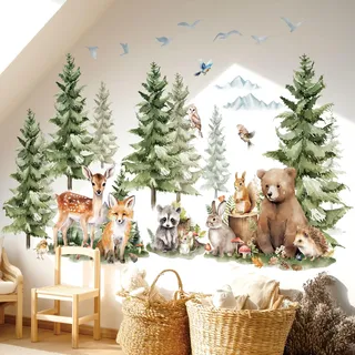DECOWALL SG4-2422 Wandtattoos mit Kiefern und Waldtieren Berg Wald Wald Tier Hirsch Fuchs Wand Aufkleber Kinder gemütliche Zimmer Kinderzimmer Schlafzimmer Spielzimmer Dekor