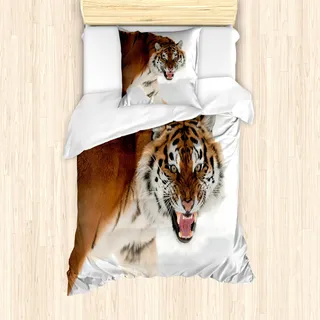 ABAKUHAUS Tiger Mantele, Panthera auf Schnee Schließen, Milbensicher Allergiker geeignet mit Kissenbezügen, 135 cm x 200 cm - 80 x 80 cm, Hellbraun - Hellbraun