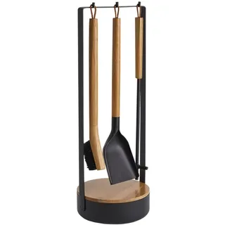 Morsø Adrian Kaminbesteck - das Original, hochwertige Designer-Kamingarnitur, 4-teiliges Kamin Set mit Schaufel, Besen und Feuerhaken & Ständer, schwarz/Holz natur