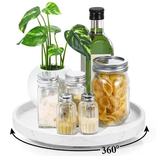 Luxspire Lazy Susan Organizer für Badezimmer, 360 ° drehbare Tabletts für Küche, Durchmesser: 27 cm, Kunstharz, für Schrank, Esstisch, Gewürzregal, Küche, für Kosmetikflaschen, weißer Kies