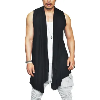 COOFANDY Herren Strickjacke mit Rüschen, Schalkragen, ärmellos, vorne offen, leicht, lange Länge, Drapierung Cape, Schwarz, L