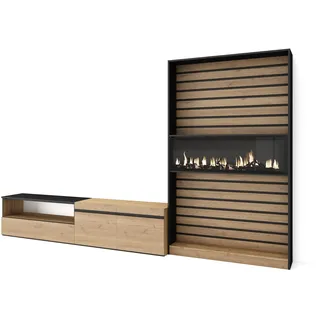 Skraut Home TV-Möbel | Esstisch-Set | 210 x 186 x 35 cm | für Fernseher bis 80 Zoll | elektrischer Kamin | moderner Stil | Eiche und Schwarz