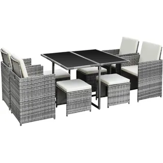 Ribelli Gartenmöbel Set 9-Teilig, Lounge Balkonmöbel aus Polyrattan, Wetterfest Sitzgruppe, Sitzgarnitur mit Sofa, Esstisch, Outdoor Kissen, Hocker, für Rasen, Terrasse, Garten, Grau/Cream