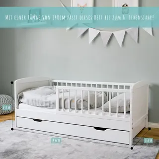 Kids Collective Kinderbett 70x140 cm mit Matratze, Lattenrost, Schublade und Raufallschutz Vollholz in weiß - 140 x 70 cm perfekte Größe nach Gitterbett Babybett - Weiß