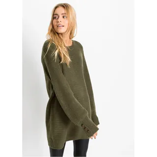 Longpullover BONPRIX "Longpullover mit Knöpfen", Damen, Gr. 52/54 (XXL), grün (dunkeloliv), Rippstrick, Obermaterial: 75% Polyacryl, 22% Polyester, 3% Elasthan, unifarben, oversize ca. Mitte Oberschenkel, Rundhals, extrabreites Bündchen mit Knöpfen, Pullover Longpullover, mit dekorativen Knöpfen, mit Rundhalsausschnitt