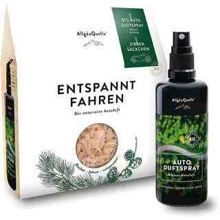 AllgäuQuelle Bio Autoduft-Set Lufterfrischer Alpenzirbe mit Zirben-Säckchen als natürlichem Duftbaum Spray 100 ml