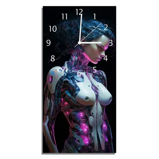 Wallario Design Wanduhr Mechanische Kriegerin aus Echtglas, Größe 30 x 60 cm - Schwarz