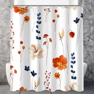 Lerores Duschvorhang 180x200 cm Orange & Navy Blume,Beschwerter Saum Antischimmel,Wasserabweisend, Waschbar Polyester Badevorhänge mit 12 Ösen und Duschvorhangringe für Badezimmer,Badewanne