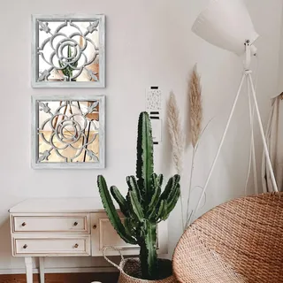 Quadratische Wanddekor-Spiegel Set von 2 - Bauernhausstil - Innen/Außen montierte Spiegel - 30 x 30 cm - Wohnzimmer Flur Eingangsbereich Garten Nachbildung - Außenwand verwittertes weiß gekalktes Holz Spiegel