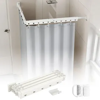 Faltbare Duschvorhangstange mit Duschvorhang, Duschvorhangstange ohne Bohren, Duschvorhang mit Stange, Wasserdicht L/U Form Duschstange für Ecke/Badewanne (Weiß, 4 faltbar)