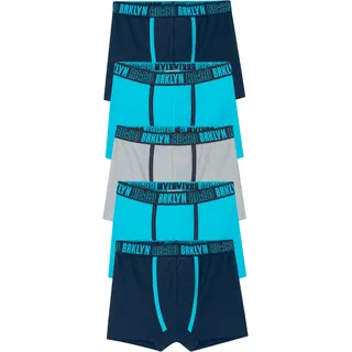 Boxershorts BONPRIX "Boxershorts mit weicher Baumwolle (5er Pack)", Jungen, Gr. 128/134, 5 Stk., blau (dunkelblau, karibikblau, stahlgrau), Obermaterial: 95% Baumwolle, 5% Elasthan, Unterhosen Boxershorts, mit Print, bequeme Passform, aus Baumwolle und Elasthan, 5er-Pack