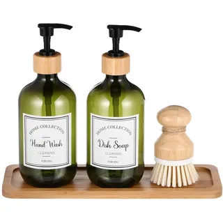Zopeal 4-teiliges Küchenseifenspender-Set, 473 ml, Spülseifenspender mit Bambusablage und Spülbürste, Kunststoff-Seifenspender-Set mit Wasserdichten Etiketten für Handseifenschale, Lotion (grün)