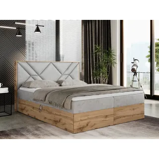 MKS Meble Boxspringbett 200x200 mit Bettkasten, Polsterbett 200x200 mit Matratze H3, Boxspringbett 200x200 mit Kopfteil, Boxspringbett mit Massivholz - Gunar - Hellgrau Velvet - H3 - Grau