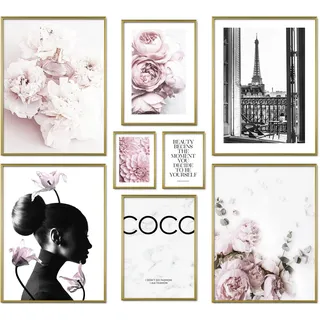 ARTFAVES® Poster Set - COCO - mehrteilige Wanddeko Wohnzimmer & Schlafzimmer - 8 moderne Wandbilder Rose, Fashion, rosa, pink, Glamour, Lifestyle, Blumen, Parfum, Mädchen - ohne Bilderrahmen