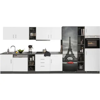 Küchenzeile KOCHSTATION "KS-Paris – Küchen mit einzigartigen Fotomotiven auf den Fronten", weiß (küche: weiß, front: weiß, korpus: grafit, arbeitsplatte: anthrazit), B:400cm H:200cm T:60cm, Komplettküchen-Sets, Küchenzeile, Breite 400 cm, wahlweise mit E-Geräten und Induktion