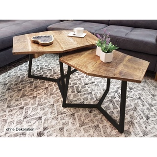 kreatives Wohnen Couchtisch Set 2 Stück Wohnzimmer Tisch Satztisch Paris Metall-Gestell weiß schwarz matt-Tabacco, Holz, Extra breit