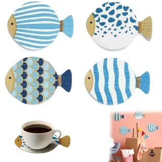TEOZBLU 4 Stück Maritime Deko,Maritime Wanddeko für Wohnzimmer,Wanddeko Holz,Wand Deko Holz Fisch Set,Wanddekoration aus Holz mit Fischen, Schlafzimmer,Badezimmer,Ferienhaus, Küsten Deko,Achterbahn