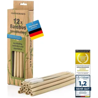 Bambus Strohhalme wiederverwendbar - 12 Stück Set Trinkhalme Bio-logisch mit Reinigungsbürste