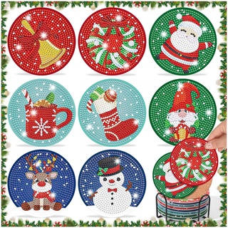 WOWDECOR Diamond Painting Untersetzer mit Halter 8 Stück, DIY Weihnachtskranz Tischuntersetzer Glasuntersetzer 5D Diamant Painting Coaster für Gläser Tassen Auto Mosaik (Chrismas garland)