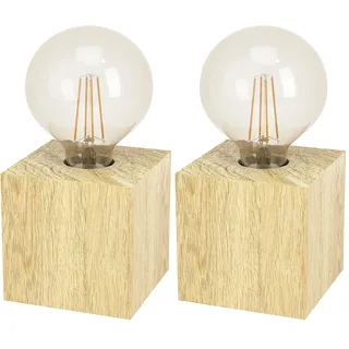EGLO Tischlampe Prestwick 2, Deko Tischleuchte, Nachttischlampe Würfel aus Holz in Natur, FSC100HB, Tisch Lampe für Wohnzimmer und Schlafzimmer, E27 Fassung (Packung mit 2)