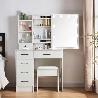 Schminktisch mit Hocker LED Licht und 6 Schubladen 36x80x131 cm