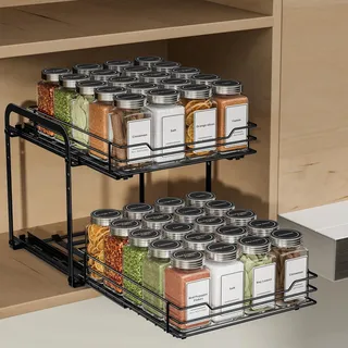 ZDDLOINP Ausziehbares Gewürzregal Für Schrank, 2 Etagen Gewürzregale, Einstellbare Höhe Gewürzregal Schwarz, Gewürz Organizer Ausziehbar, Schrank Organizer Küche