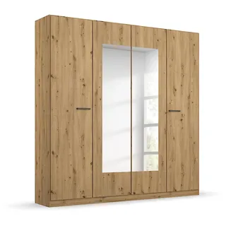 Rauch Möbel Florenz Schrank Kleiderschrank Drehtürenschrank mit Spiegel, Eiche Artisan, Holz, 4-türig, inkl. 2 Kleiderstangen, 2 Einlegeböden BxHxT 181x210x54 cm