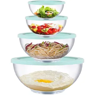 Glasschüssel Mit Deckel Rund, 4 Salatschüssel Glas Mit Deckel (0,5L, 1,0L, 2,0L, 3,5L), Glasschüssel Set Groß, ideal zum Aufbewahren von Lebensmitteln, Kochen, Backen, Vorbereiten, Spülmaschinenfest