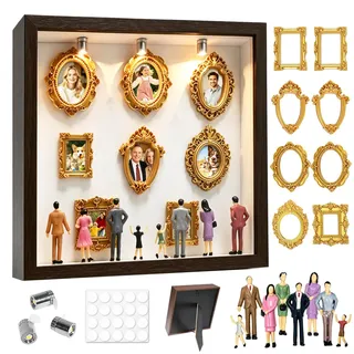 DIY Mini Museum Silhouetten Box mit LED, Mini Bilderrahmen Vintage, Shadow Box Bilderrahmen Set, Foto Erinnerungsanzeige Set mit 8 Mini-Goldrahmen 8 Figuren für Jahrestag, Hochzeit(Schwarznussbraun)