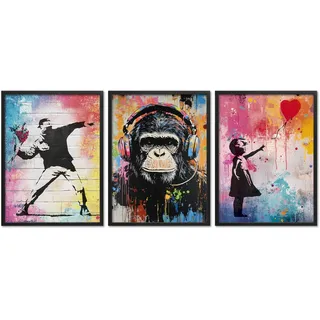 ARTFAVES® Poster Set - Colorful Banksy - 3-teilige Bildercollage Wohnzimmer, Schlafzimmer - moderne Wandbilder Kunst, bunt, Street-Art, Urban, Graffiti - 30x40 cm - mit Rahmen Schwarz