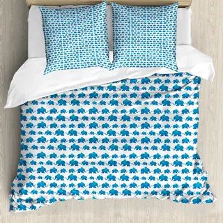 ABAKUHAUS Elefant Bettbezug, Blau-Tier-Kind-Theme, Milbensicher Allergiker geeignet mit Kissenbezügen, 155 cm x 220 cm - 80 x 80 cm, Blau Weiss - Blau