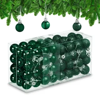 Relaxdays Weihnachtskugeln 96er Set, glitzernde, Matte, glänzende Baumkugeln, Weihnachtsbaumdeko, Kunststoff, dunkelgrün