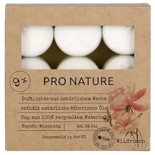 Müller Kerzen PRO NATURE Duftlichte mit Rapsöl - Wildrosen - 9er Pack - 6 Stunden Brenndauer - Teelichter aus Natürlichem Wachs, Ätherischen Ölen - Hülle 100% recyceltes Material